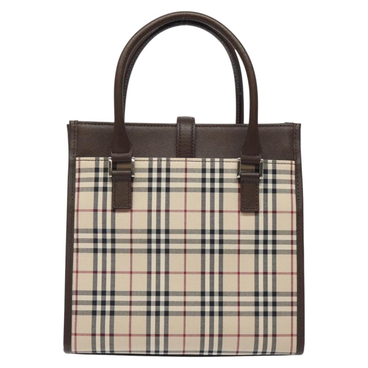 BURBERRY Nova Check Hand Bag Canvas Beige Silver Auth 118612