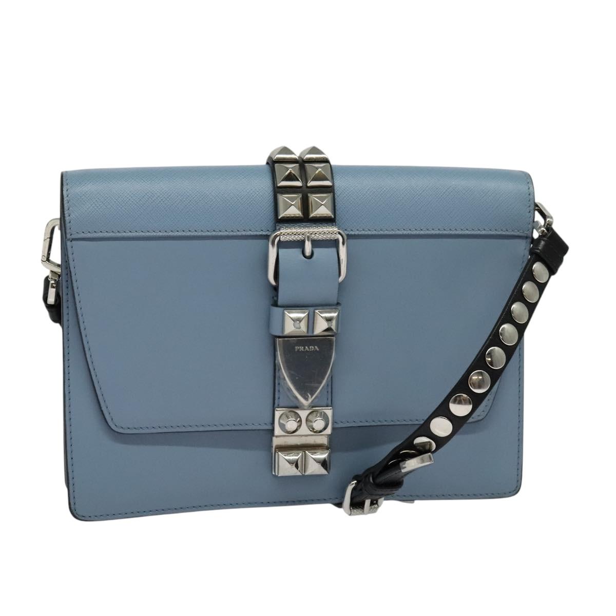 PRADA Shoulder Bag Leather Light Blue Silver Auth 118618