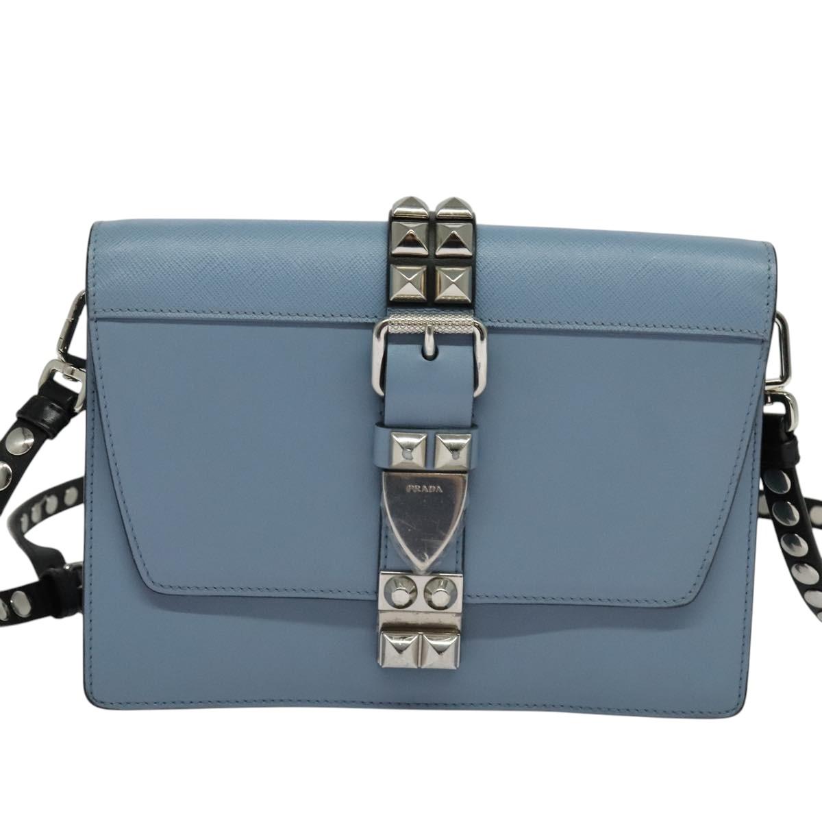 PRADA Shoulder Bag Leather Light Blue Silver Auth 118618
