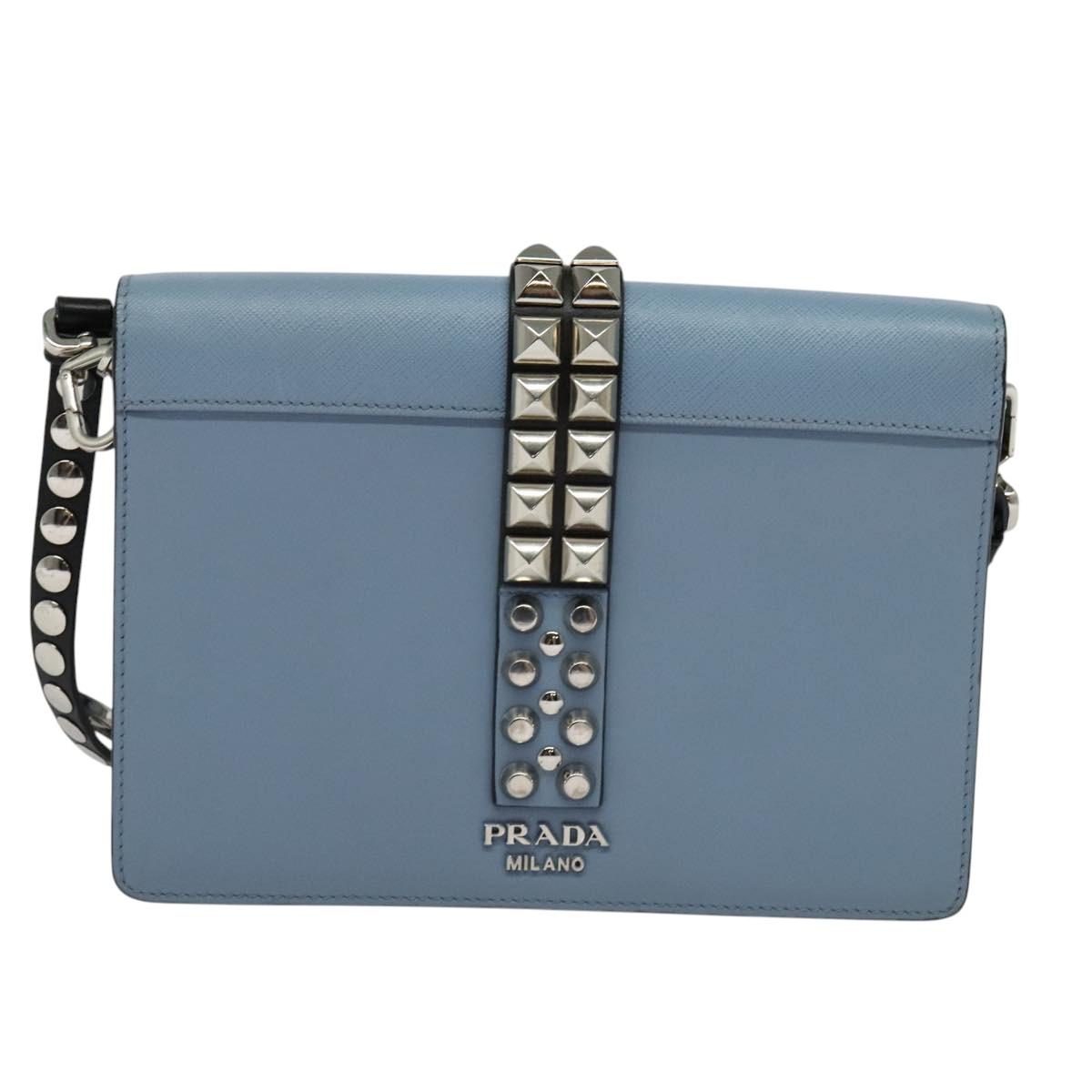 PRADA Shoulder Bag Leather Light Blue Silver Auth 118618