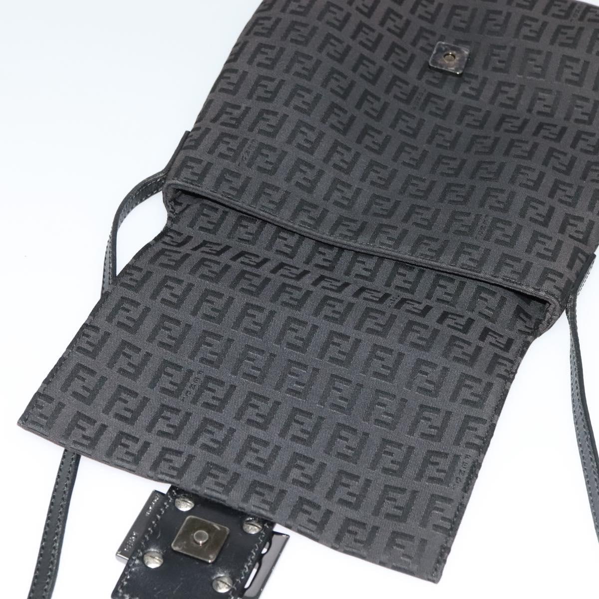 FENDI Zucchino Canvas Shoulder Bag Black Silver Auth 118655
