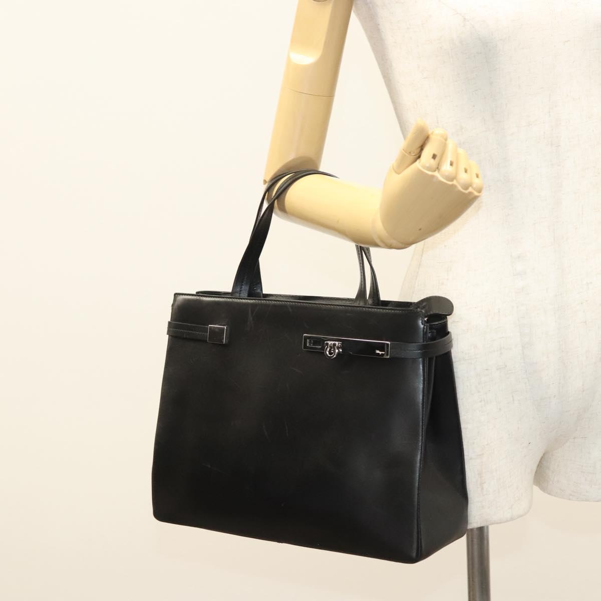 Salvatore Ferragamo Gancini Hand Bag Leather Silver Black Auth 118656