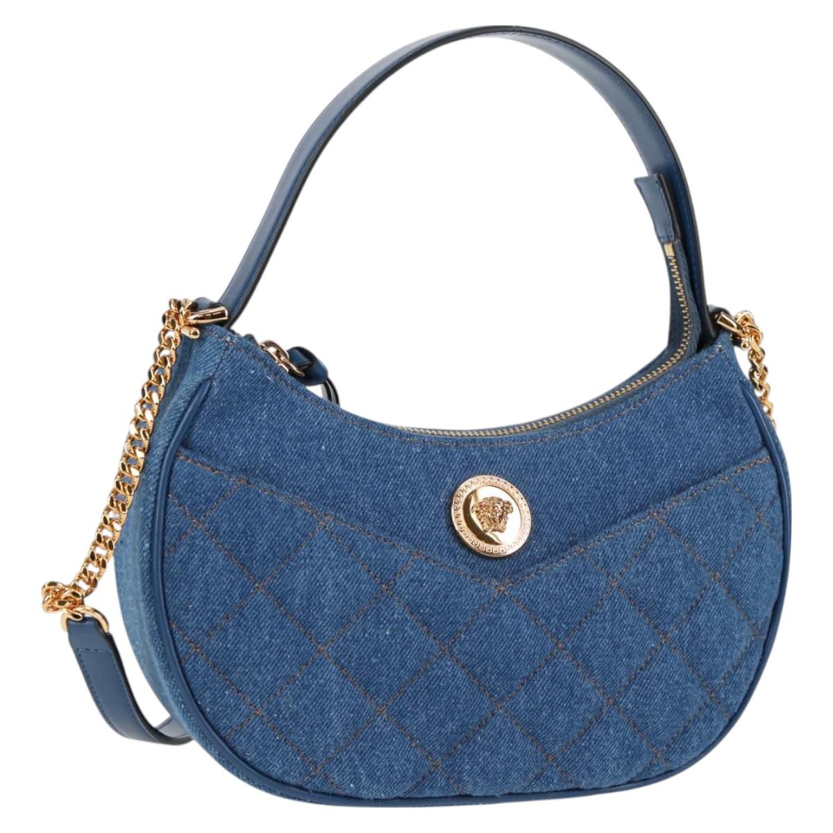 VERSACE Hand Bag Denim 2way Blue Gold Auth 118658M