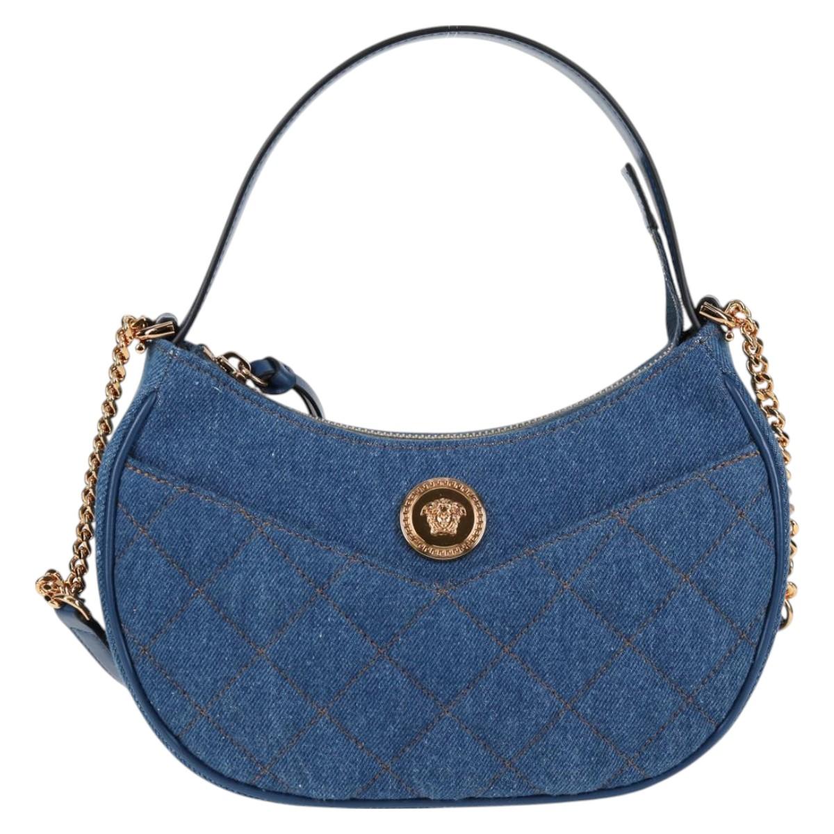 VERSACE Hand Bag Denim 2way Blue Gold Auth 118658M