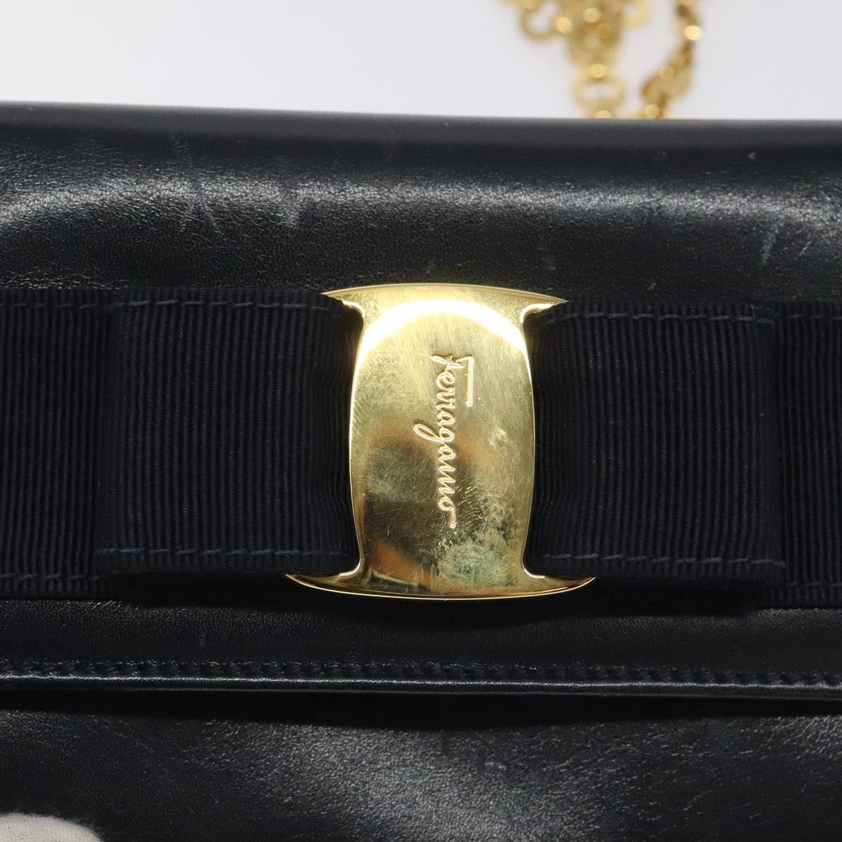 Salvatore Ferragamo Gancini Chain Shoulder Bag Leather Black Gold Auth 118668