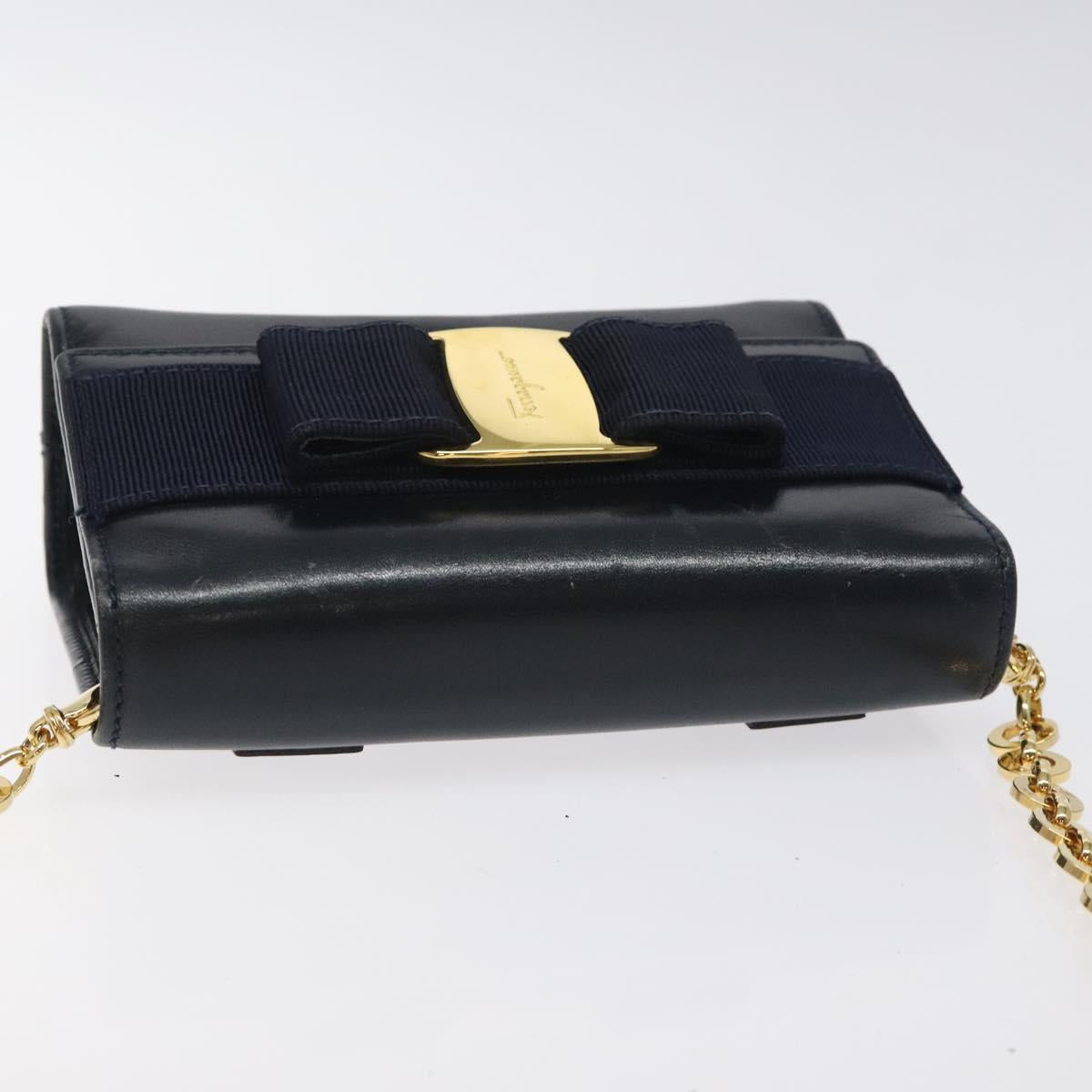Salvatore Ferragamo Gancini Chain Shoulder Bag Leather Black Gold Auth 118668