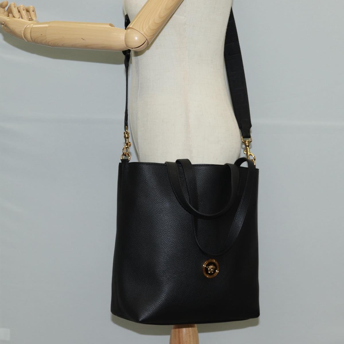 VERSACE Tote Bag Leather 2way Black Gold Auth 118688V
