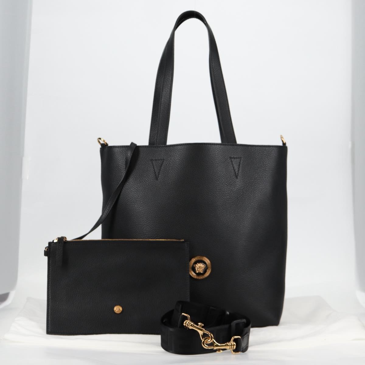 VERSACE Tote Bag Leather 2way Black Gold Auth 118688V