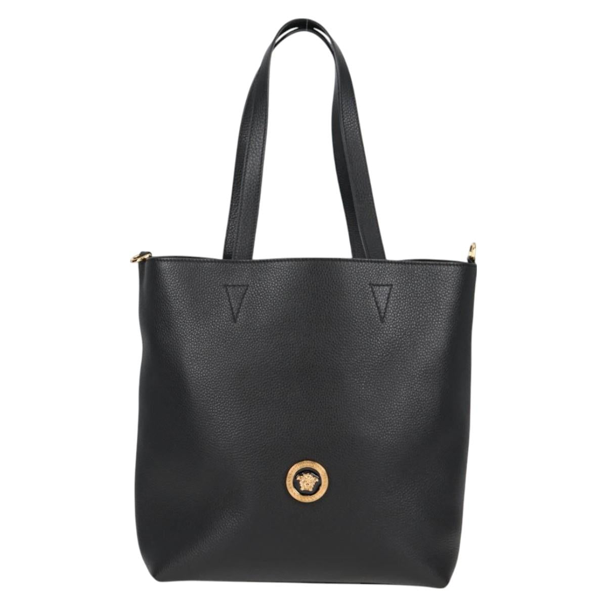 VERSACE Tote Bag Leather 2way Black Gold Auth 118688V