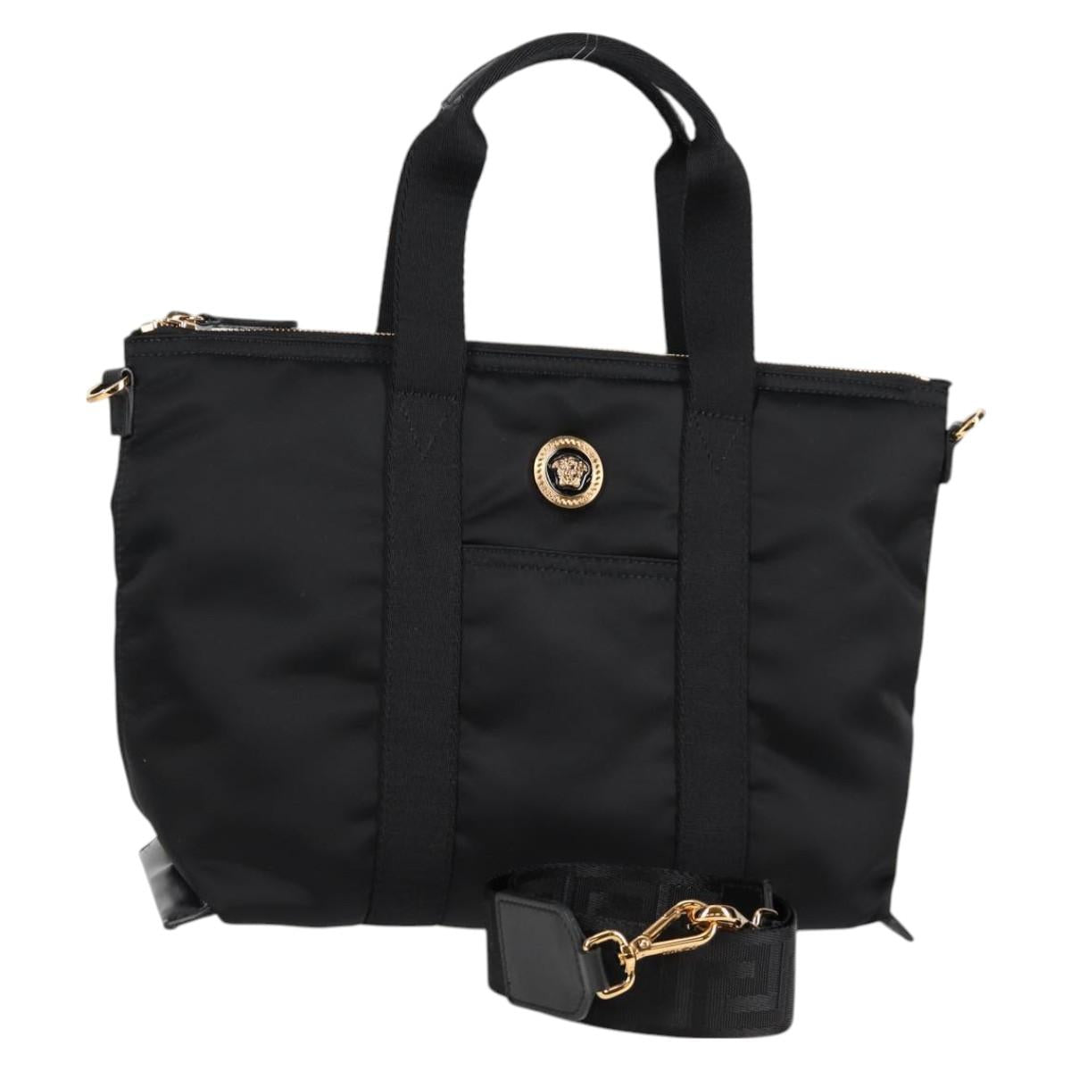 VERSACE Hand Bag Nylon 2way Black Gold Auth 118725V