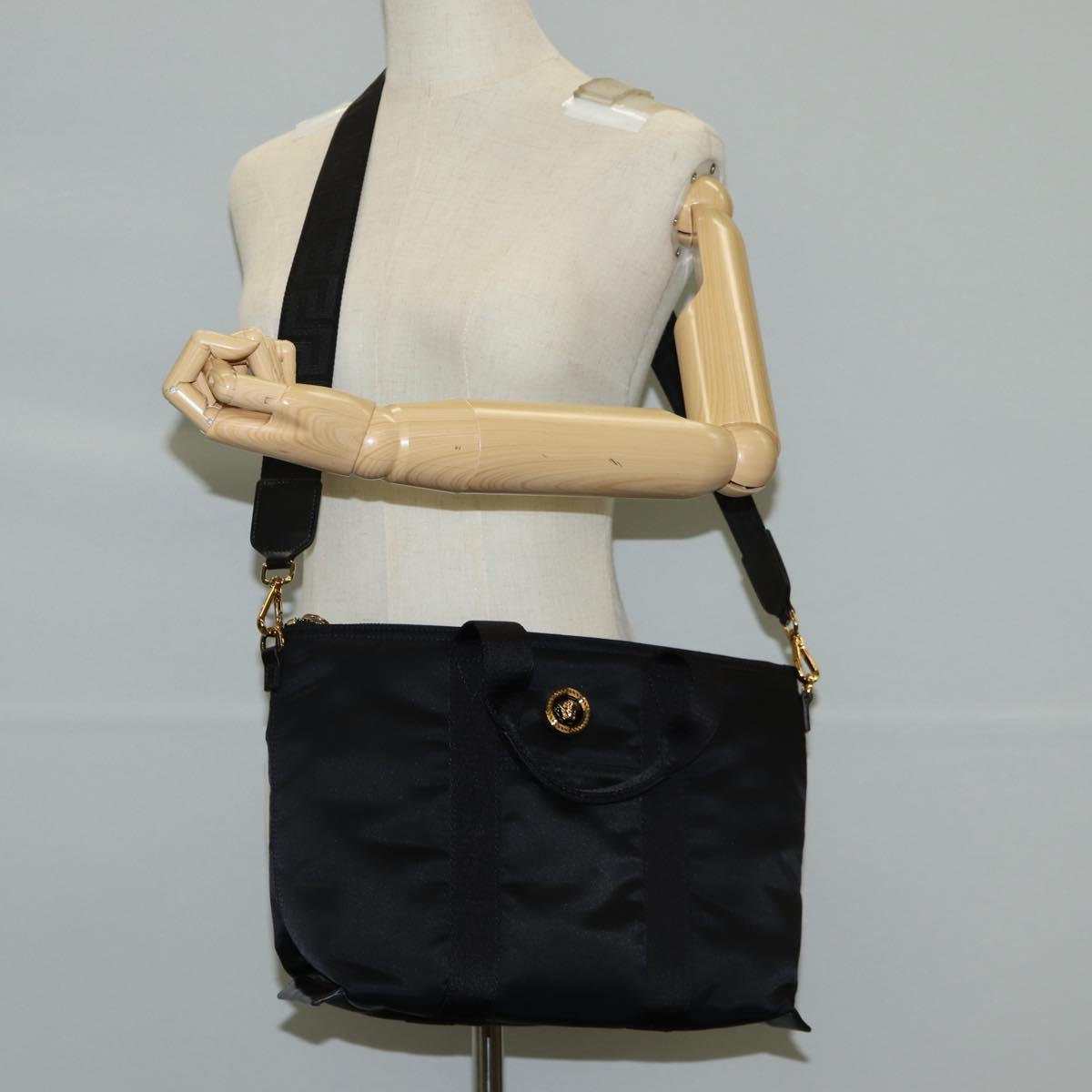 VERSACE Hand Bag Nylon 2way Black Gold Auth 118725V