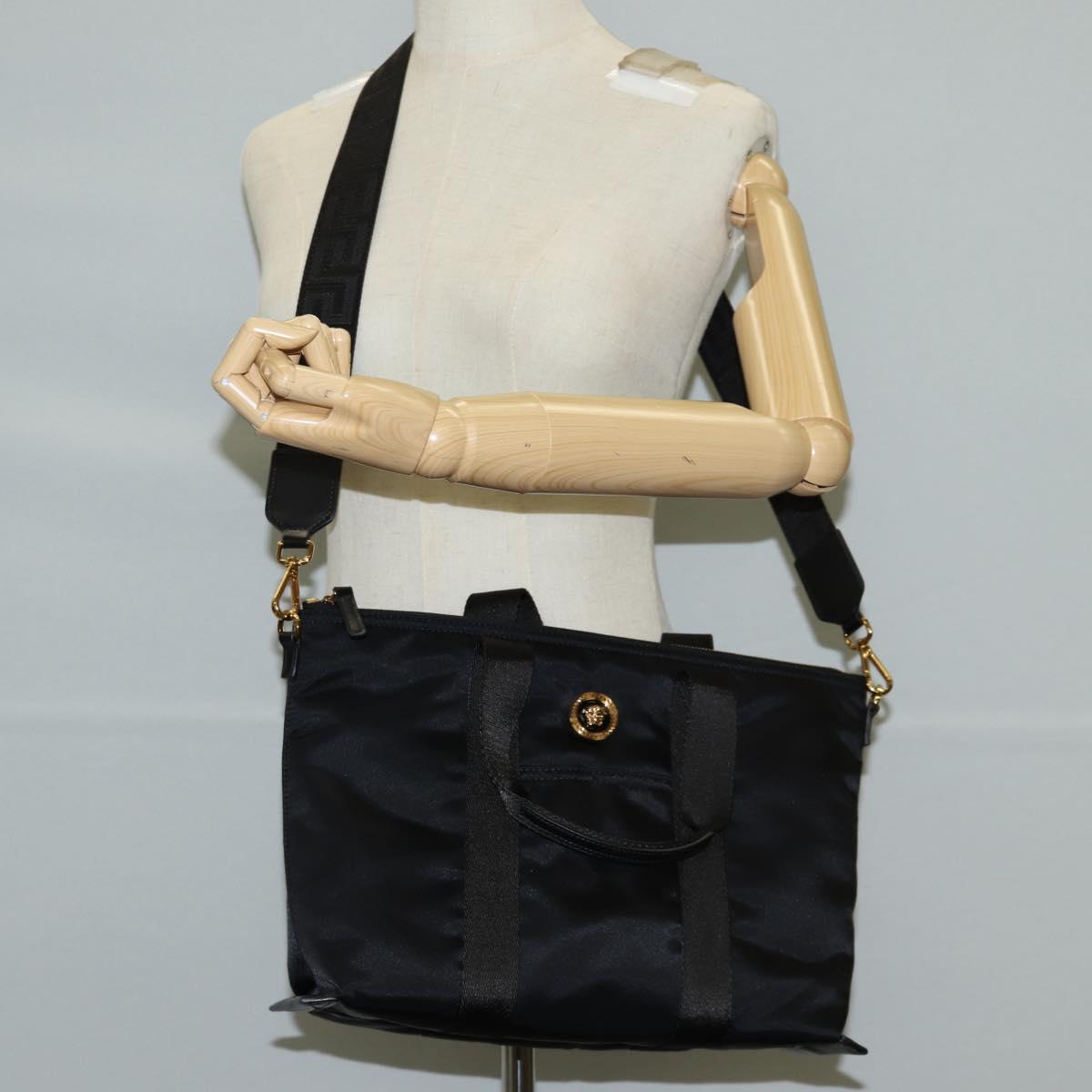 VERSACE Hand Bag Nylon 2way Black Gold Auth 118726V