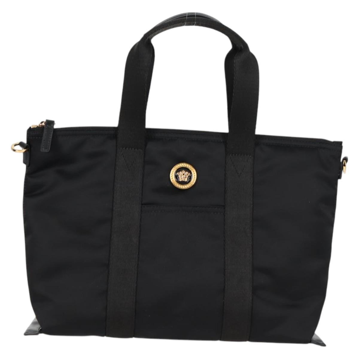 VERSACE Hand Bag Nylon 2way Black Gold Auth 118726V