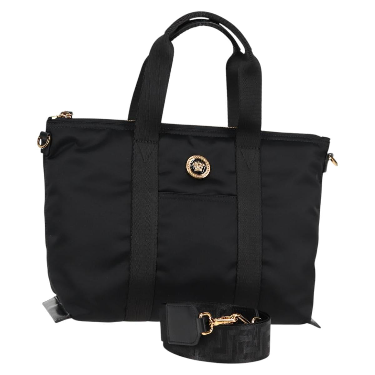 VERSACE Hand Bag Nylon 2way Black Gold Auth 118727V