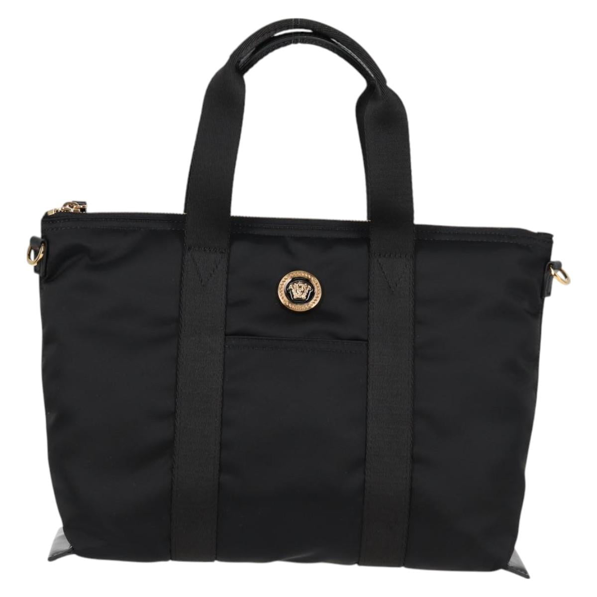 VERSACE Hand Bag Nylon 2way Black Gold Auth 118727V