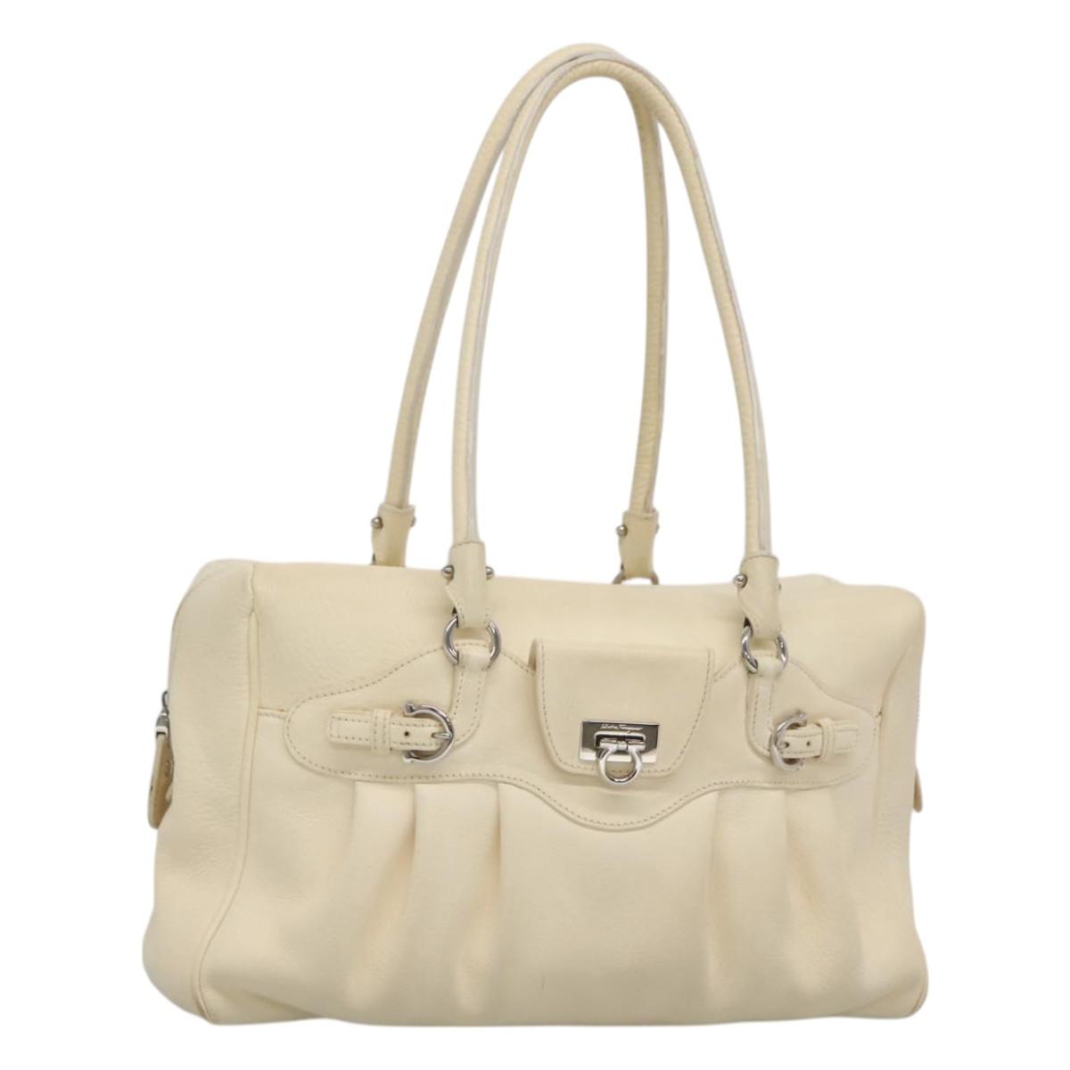 Salvatore Ferragamo Gancini Hand Bag Leather White Silver Auth 118766