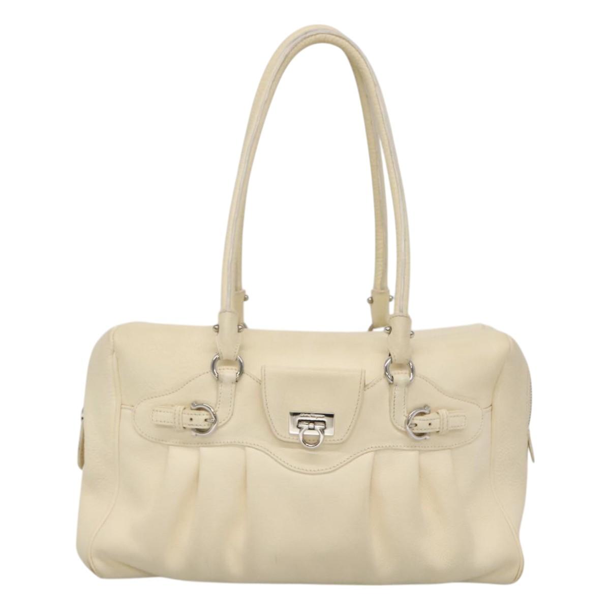 Salvatore Ferragamo Gancini Hand Bag Leather White Silver Auth 118766