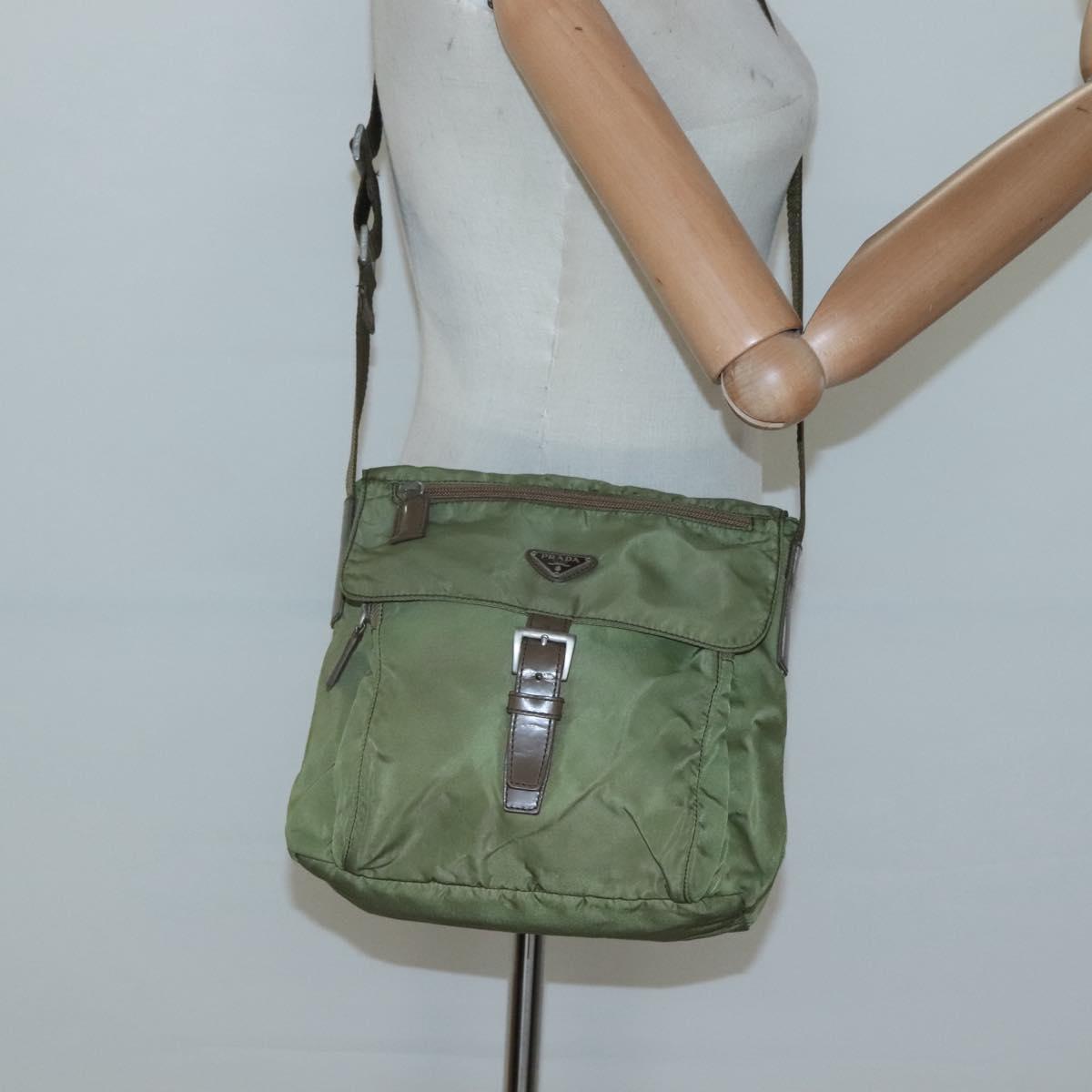 PRADA Shoulder Bag Nylon Khaki Silver Auth 118779