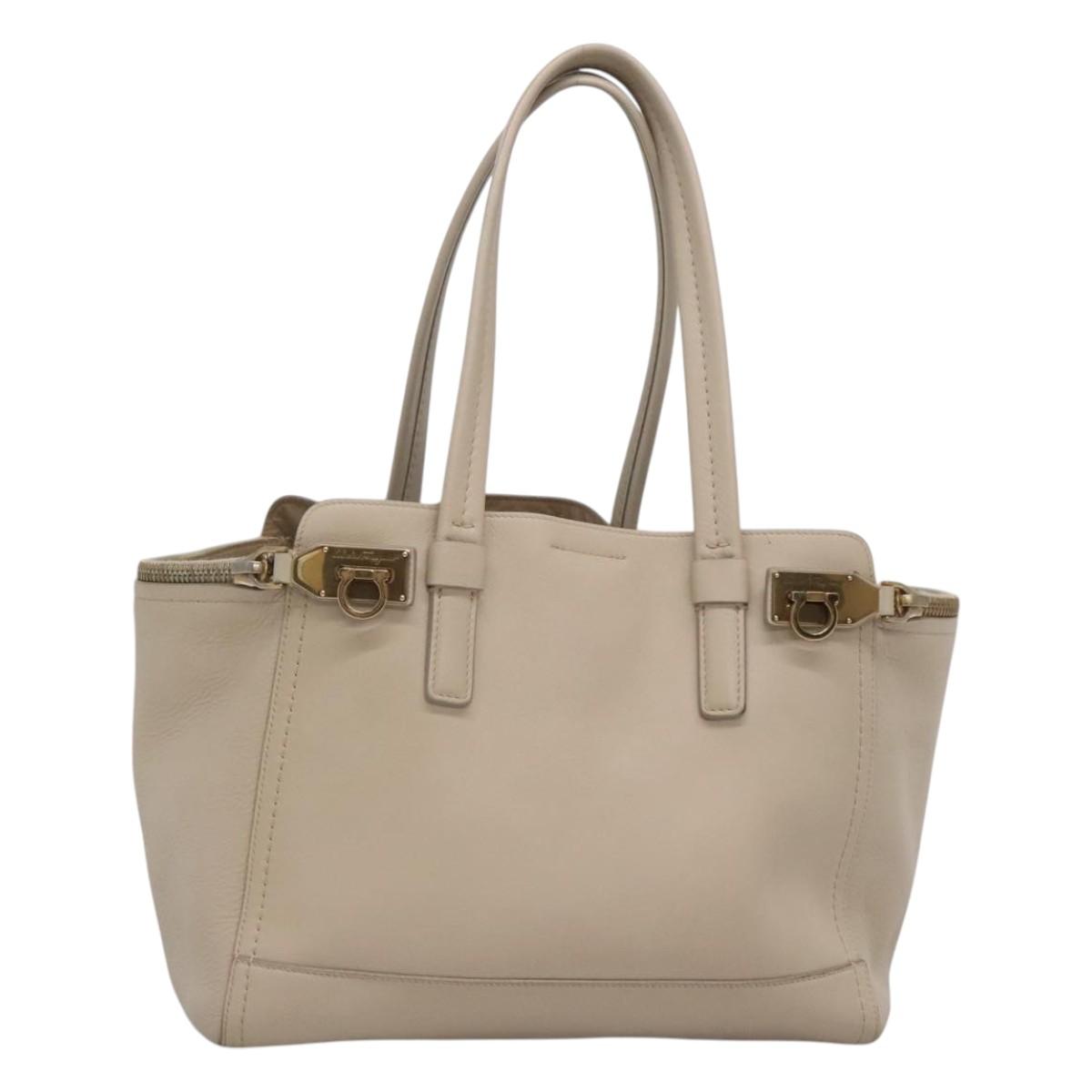 Salvatore Ferragamo Gancini Tote Bag Leather Beige Gold Auth 118784