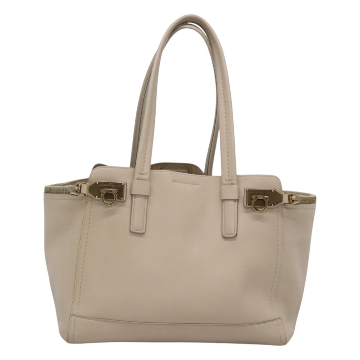Salvatore Ferragamo Gancini Tote Bag Leather Beige Gold Auth 118784