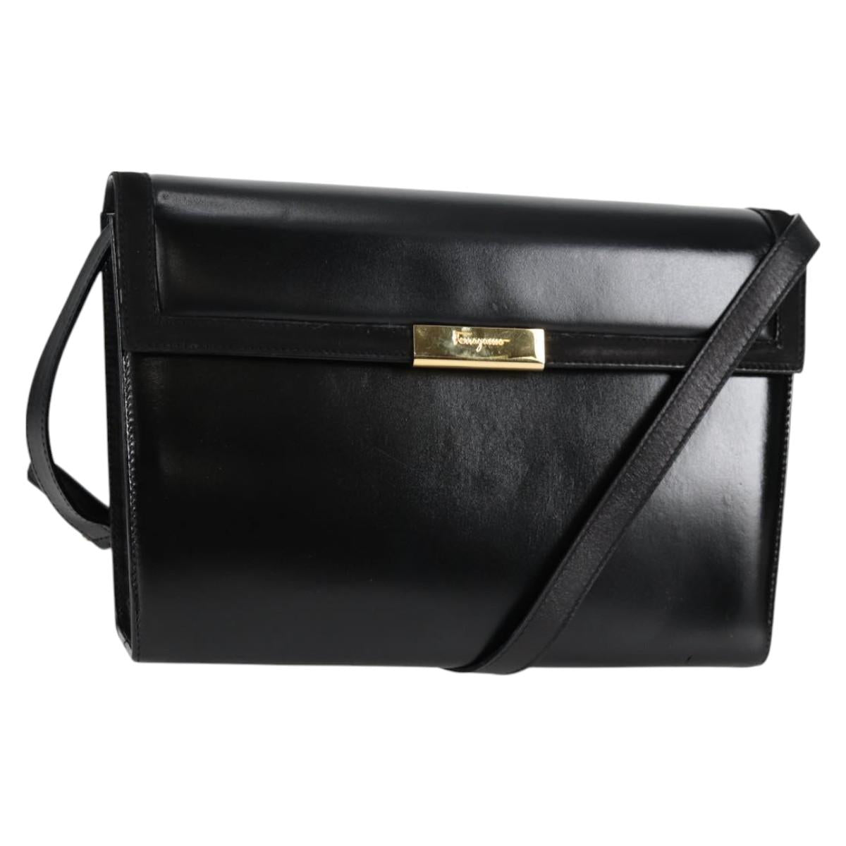 Salvatore Ferragamo Gancini Shoulder Bag Leather Black Gold Auth 118793V