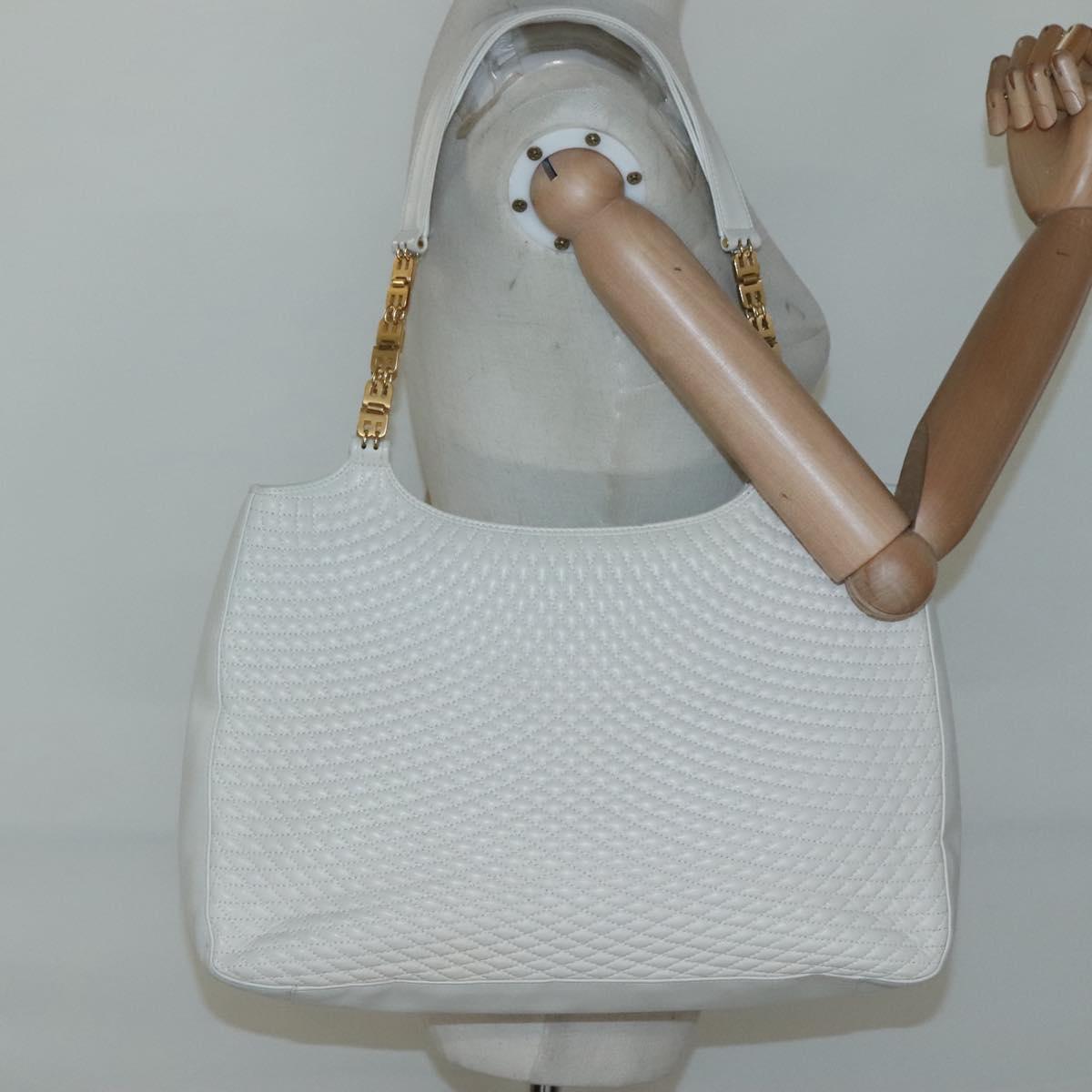 BALLY Quilted Tote Bag Leather White Gold Auth 118799