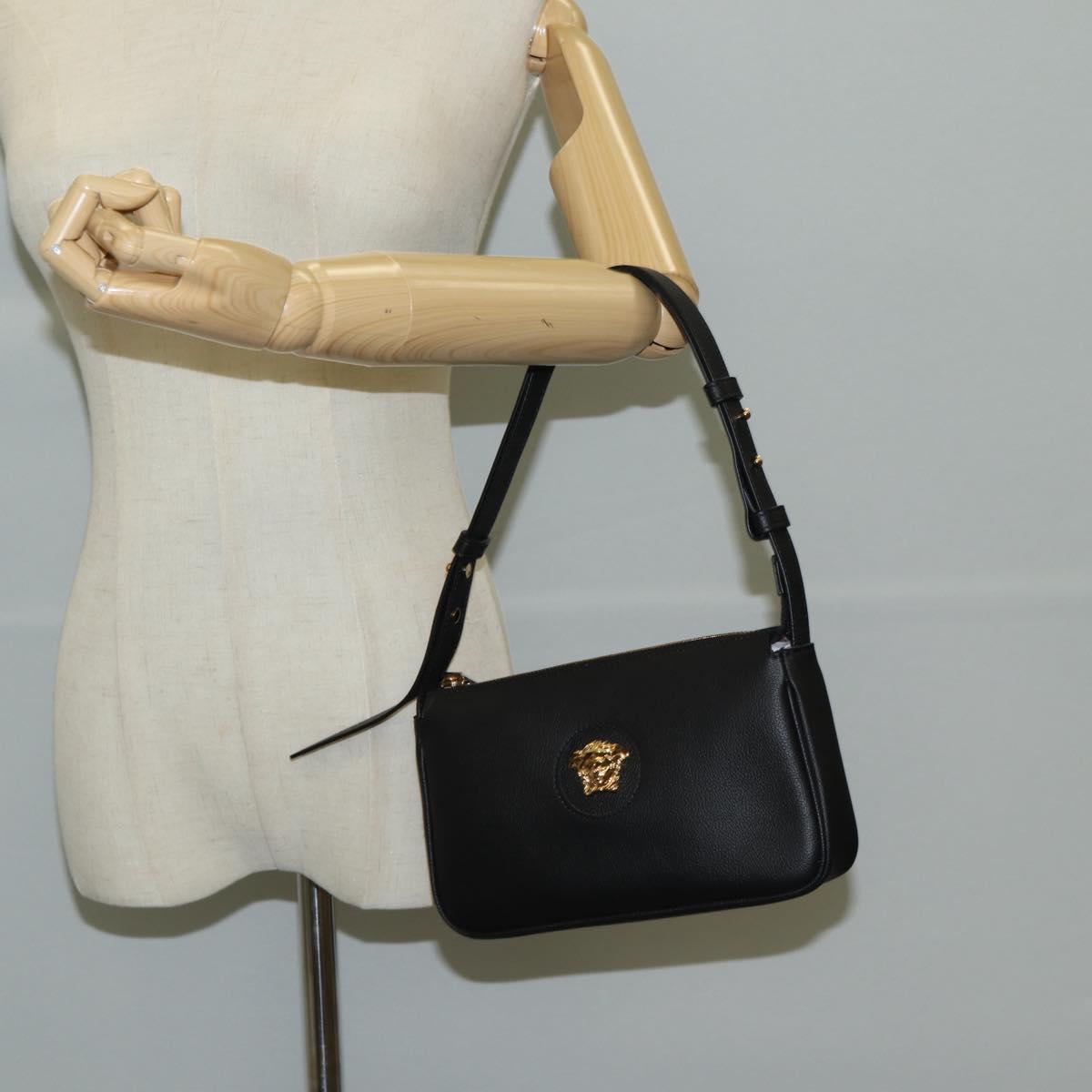 VERSACE Shoulder Bag Leather Black Gold Auth 118811V