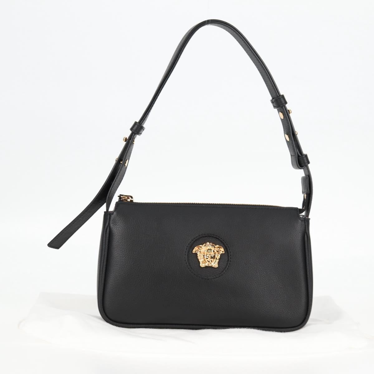 VERSACE Shoulder Bag Leather Black Gold Auth 118811V