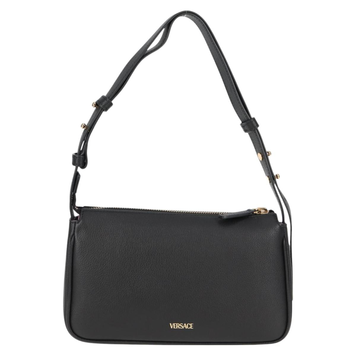 VERSACE Shoulder Bag Leather Black Gold Auth 118819V