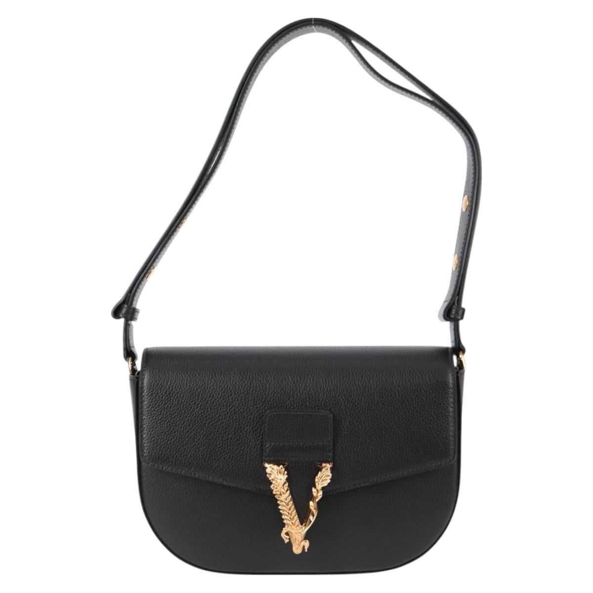 VERSACE Shoulder Bag Leather Black Gold Auth 118821V