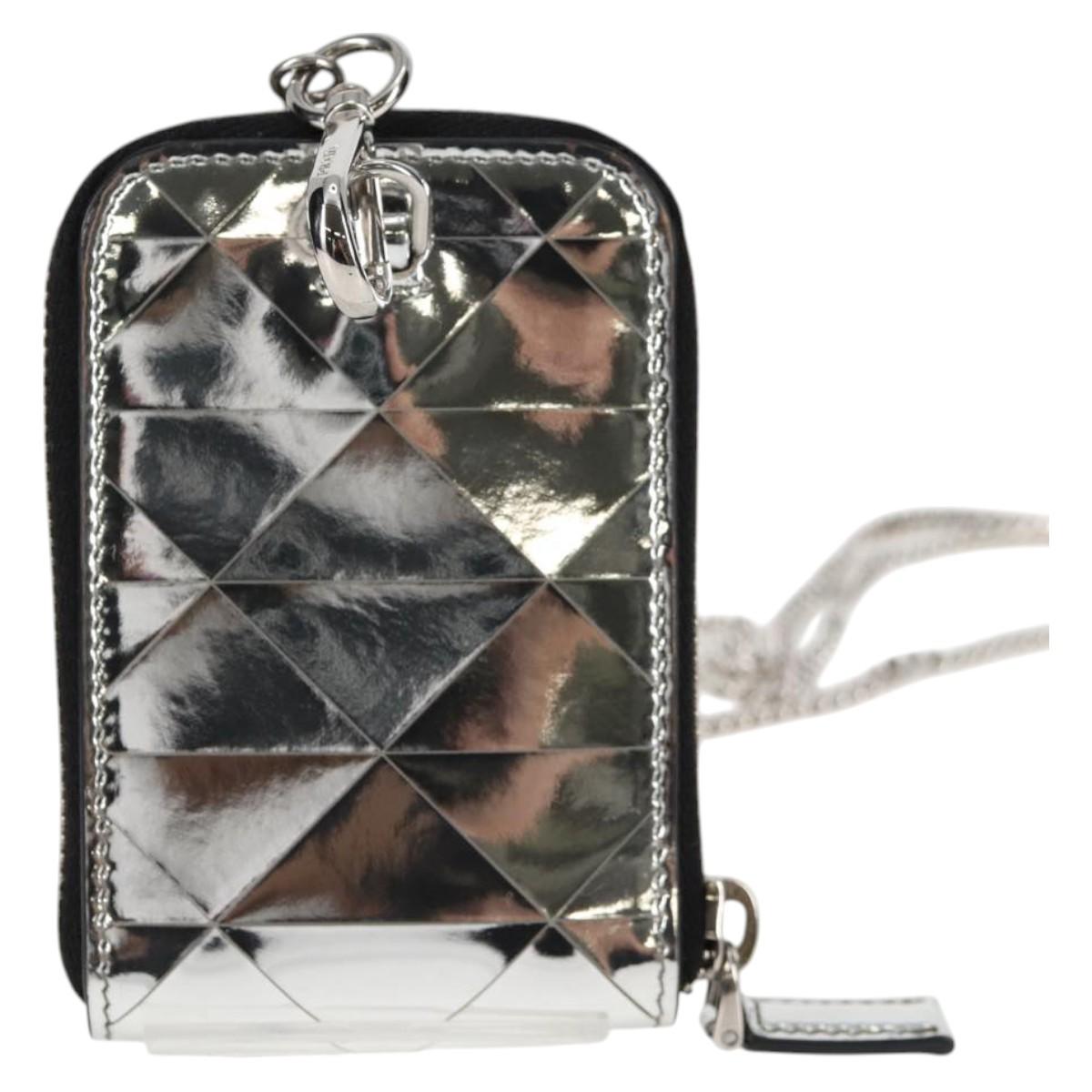 PRADA Necklace Strap Pouch Triangle Panel Silver Tone Auth 118871M