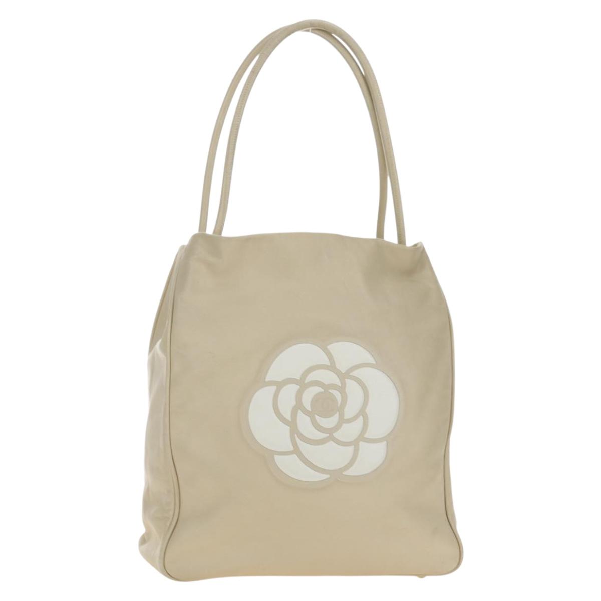 CHANEL Tote Bag Lamb Skin Beige Gold CC Auth 118935V