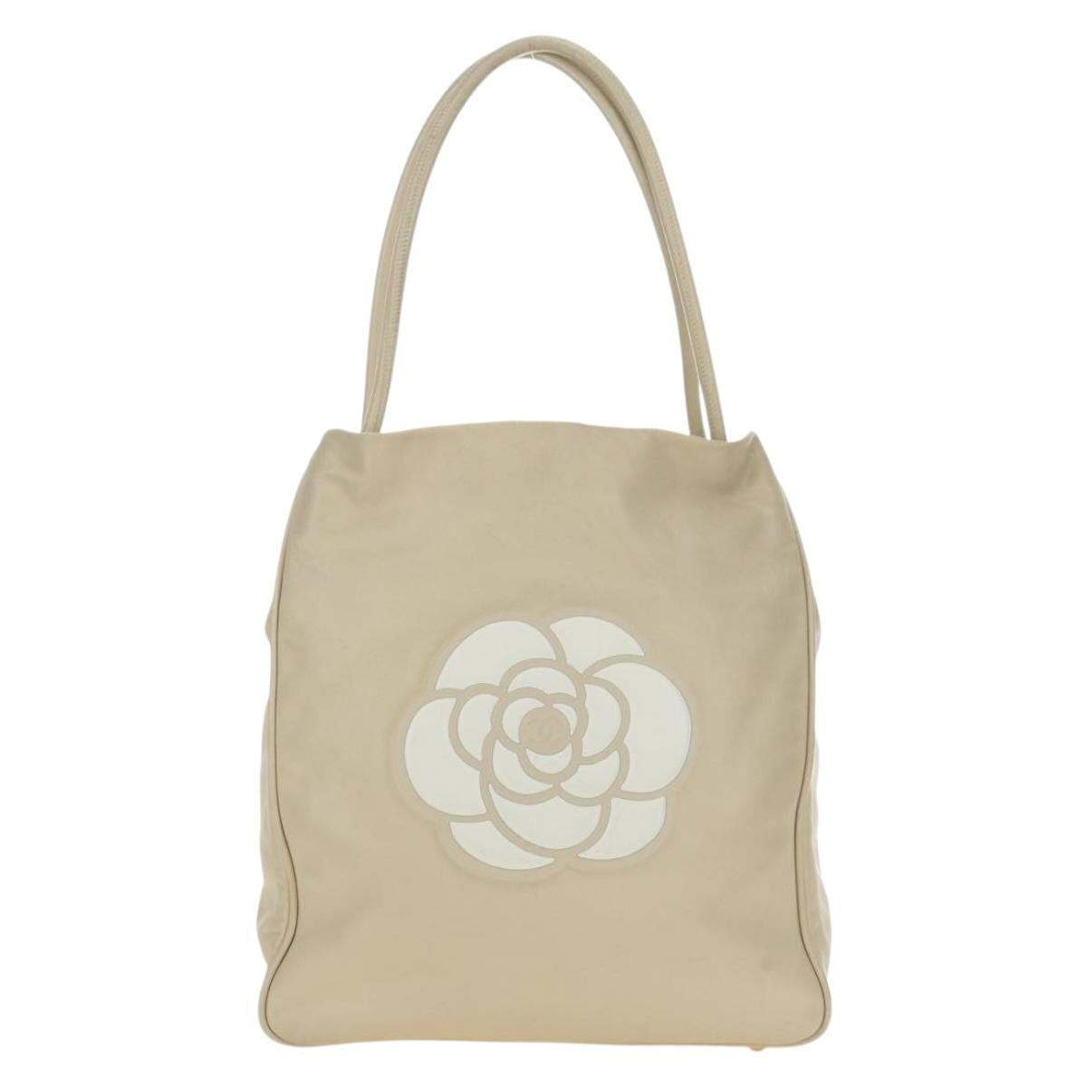CHANEL Tote Bag Lamb Skin Beige Gold CC Auth 118935V