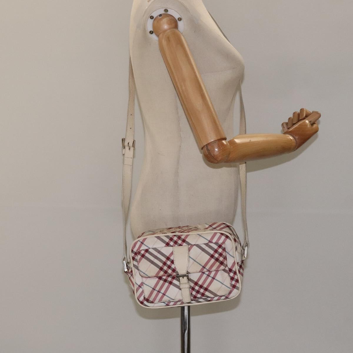 BURBERRY Nova Check Blue Label Shoulder Bag Nylon Beige Silver Auth 119011