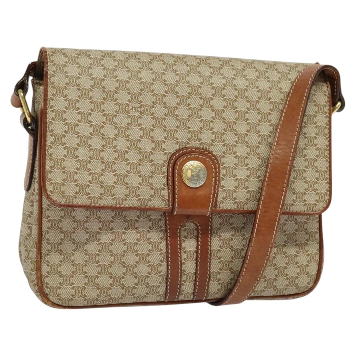 CELINE Macadam Canvas Shoulder Bag PVC Beige Gold Auth 119023