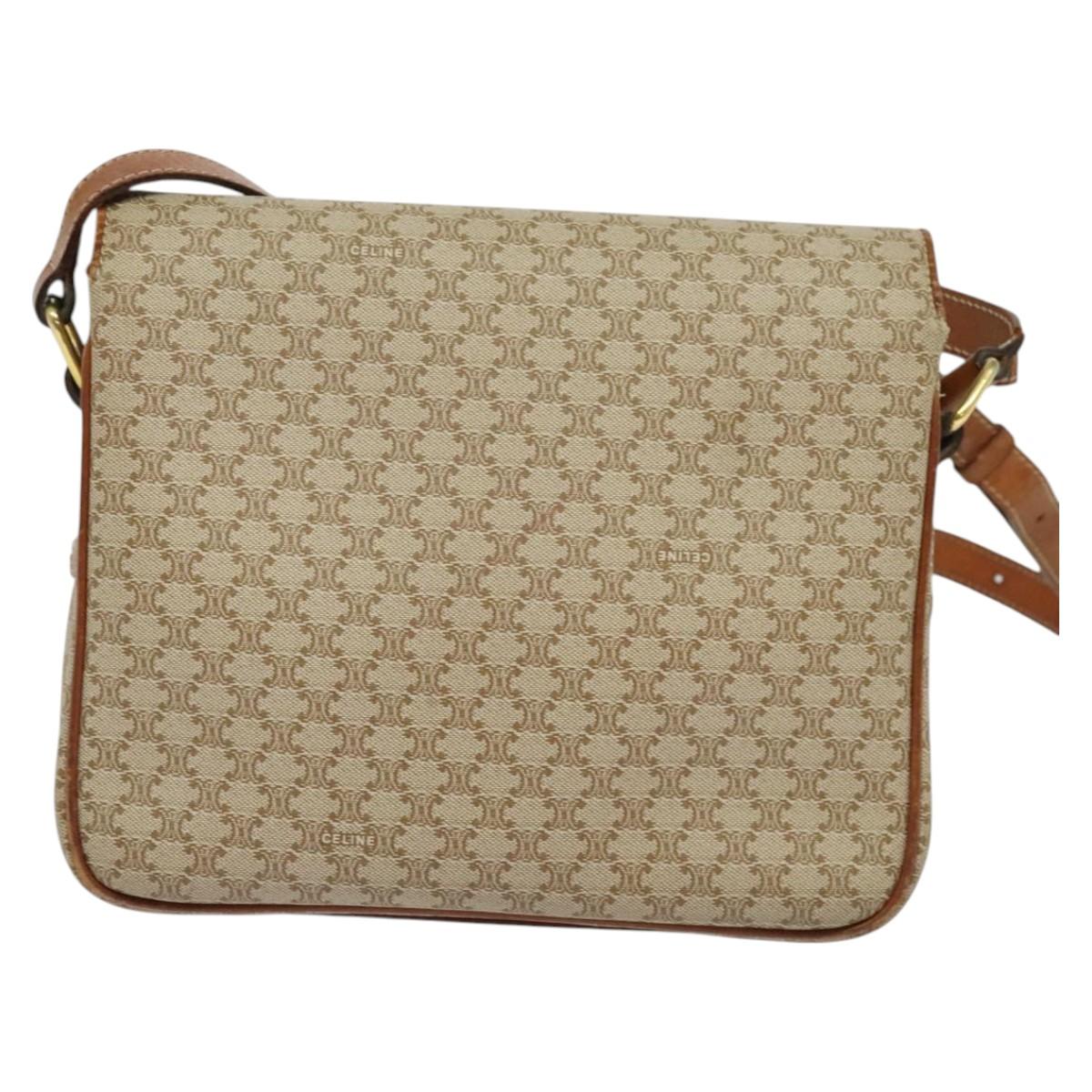 CELINE Macadam Canvas Shoulder Bag PVC Beige Gold Auth 119023