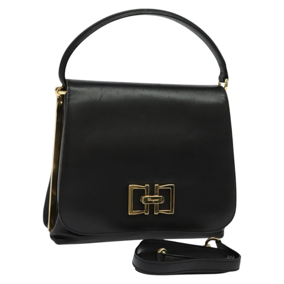 Salvatore Ferragamo Hand Bag Leather 2way Black Gold Auth 119032