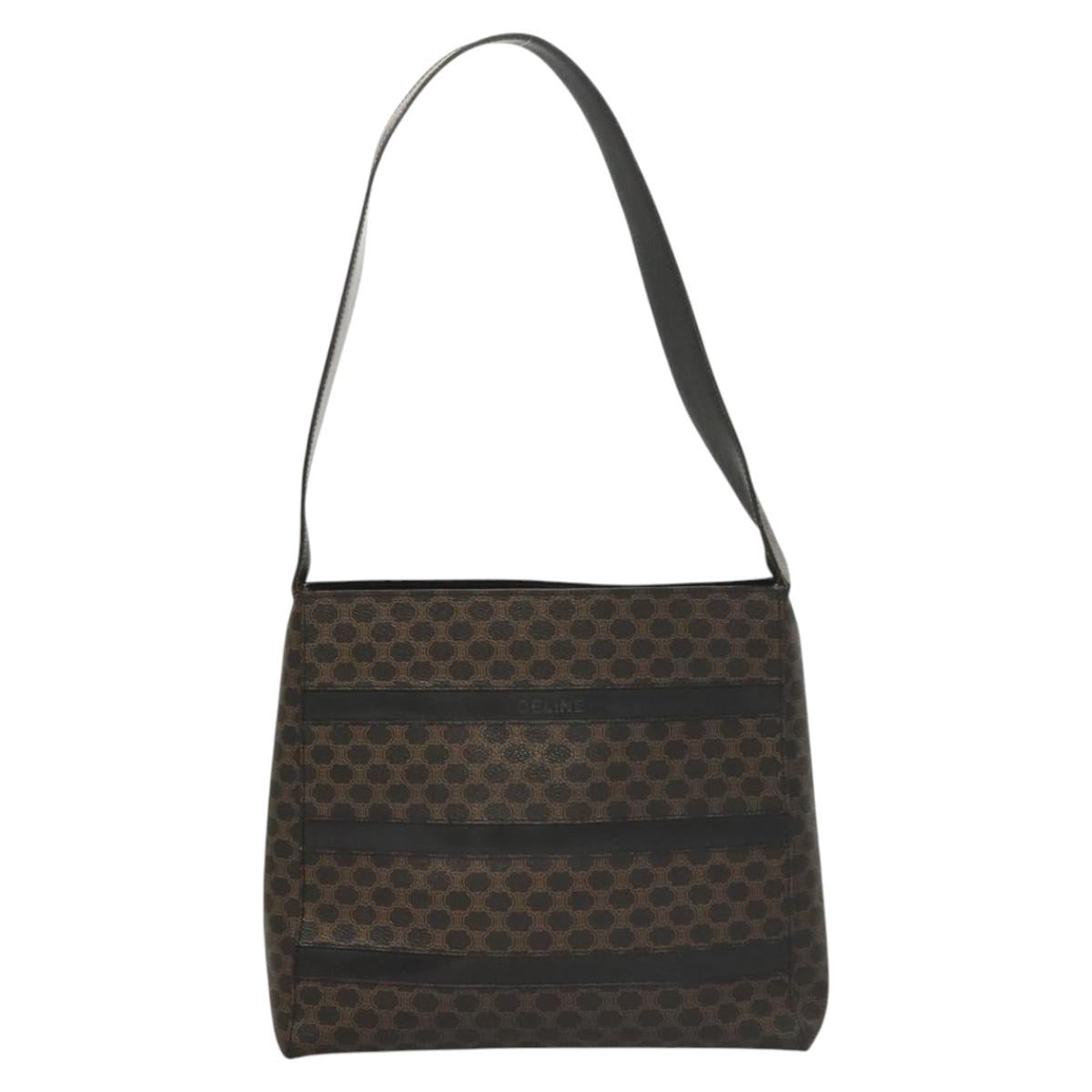 CELINE Macadam Canvas Shoulder Bag PVC Leather Black Gold Auth 119071