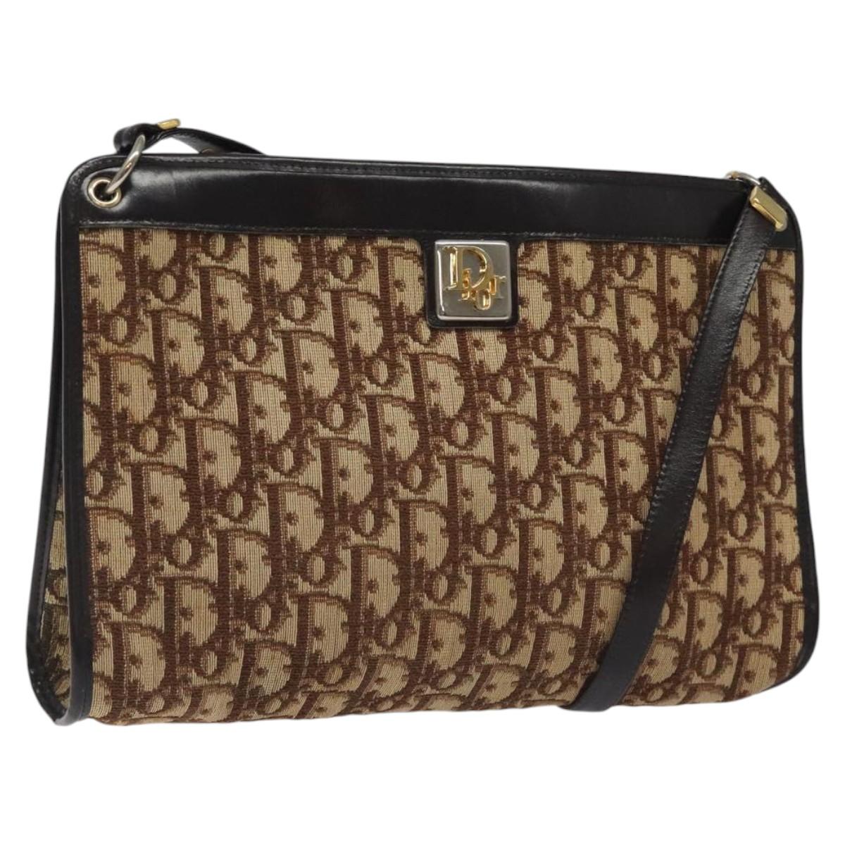 Christian Dior Trotter Canvas Shoulder Bag Brown Gold Auth 119091