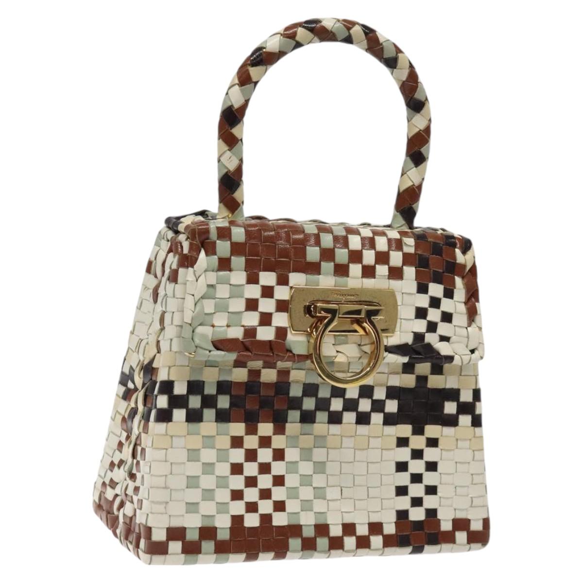 Salvatore Ferragamo Gancini Hand Bag Leather White Gold Auth 119098