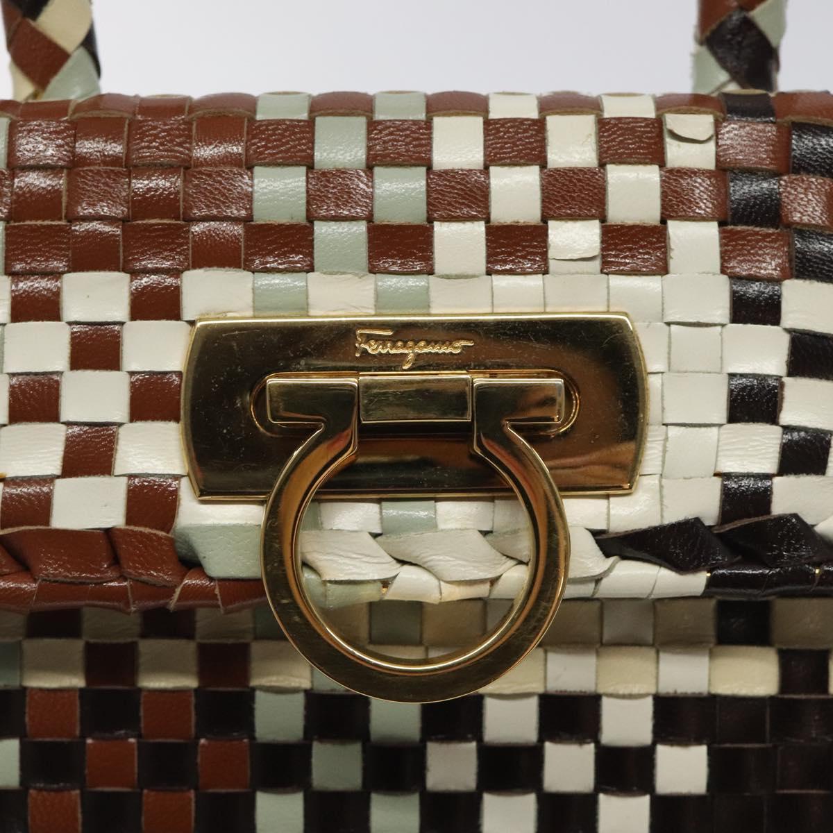 Salvatore Ferragamo Gancini Hand Bag Leather White Gold Auth 119098