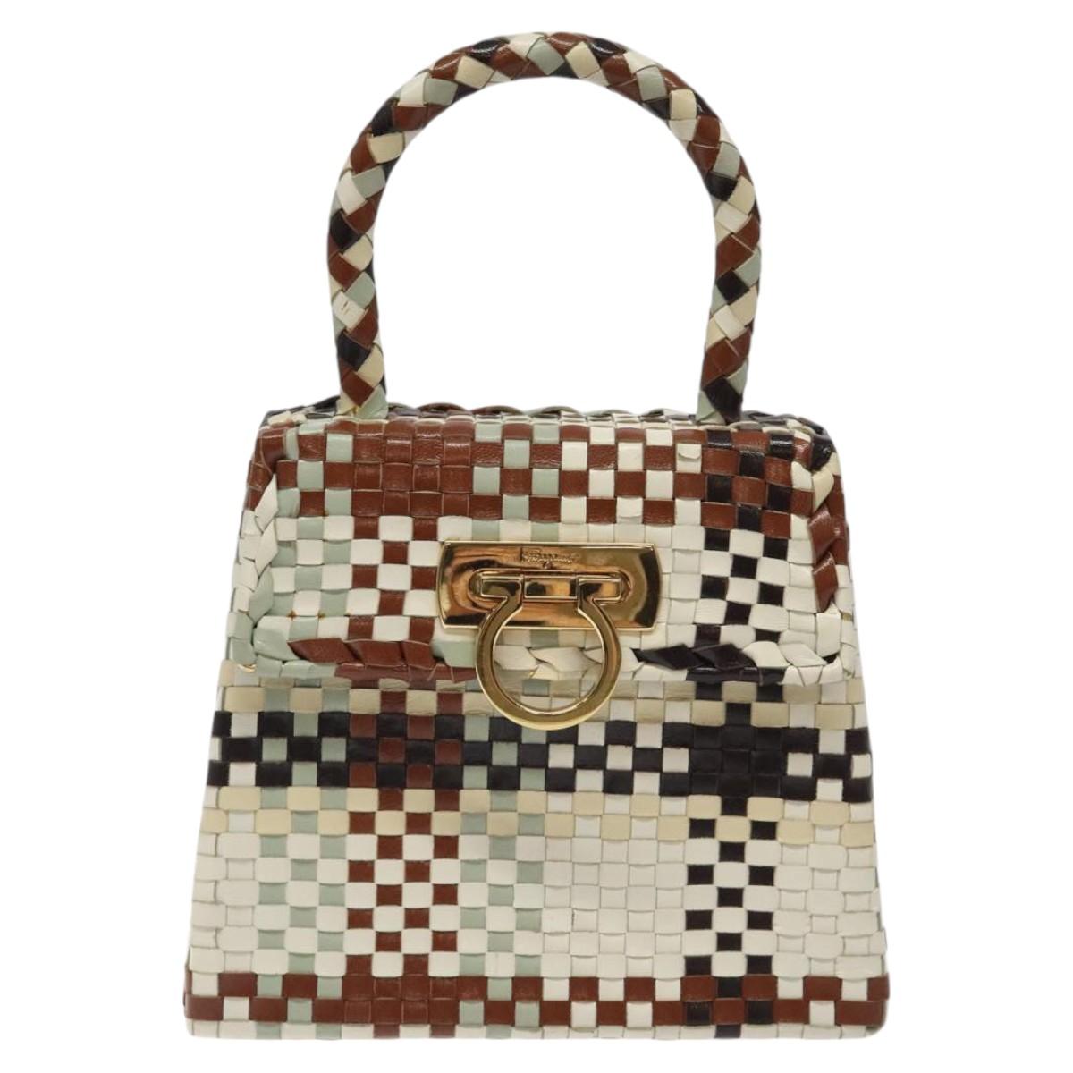 Salvatore Ferragamo Gancini Hand Bag Leather White Gold Auth 119098