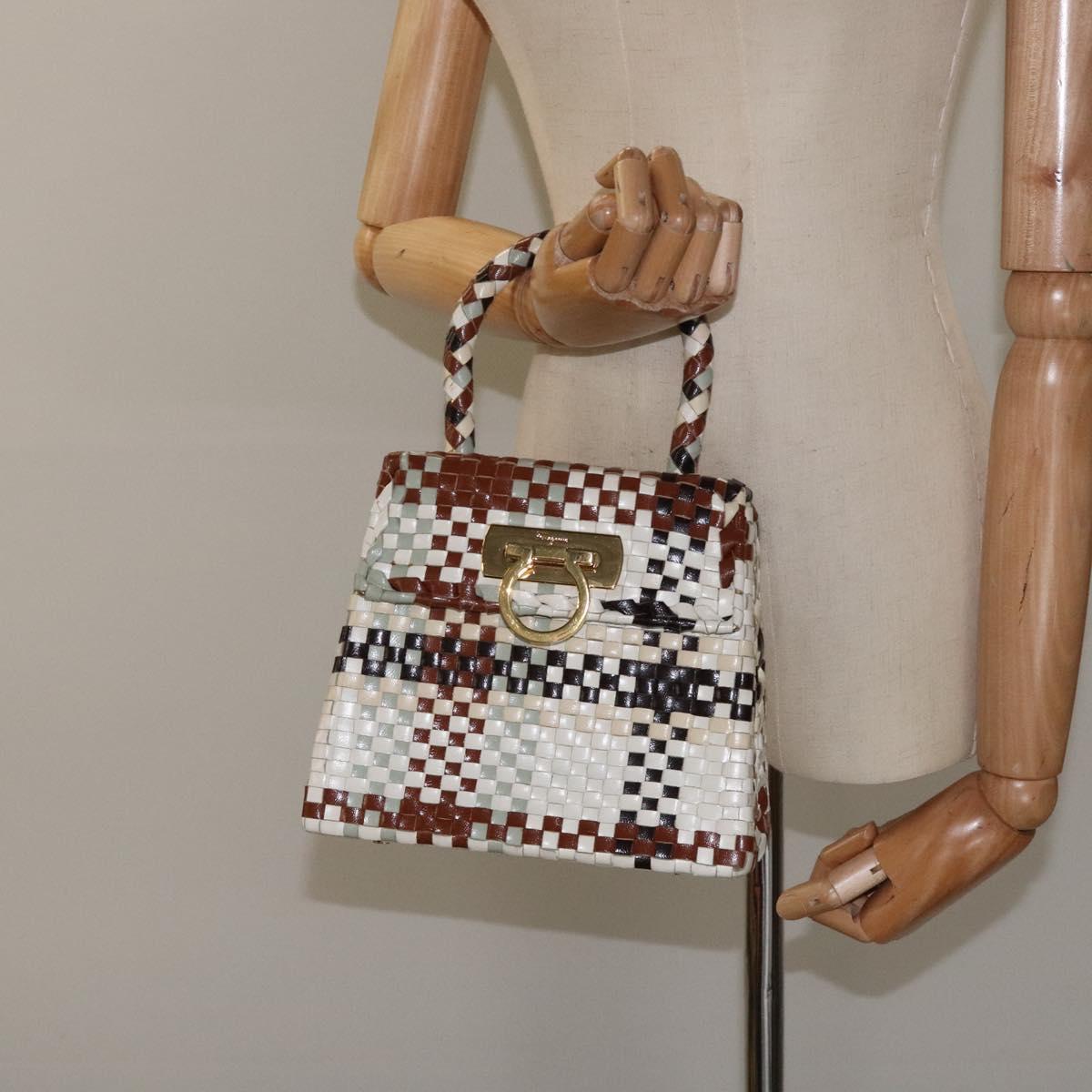 Salvatore Ferragamo Gancini Hand Bag Leather White Gold Auth 119098