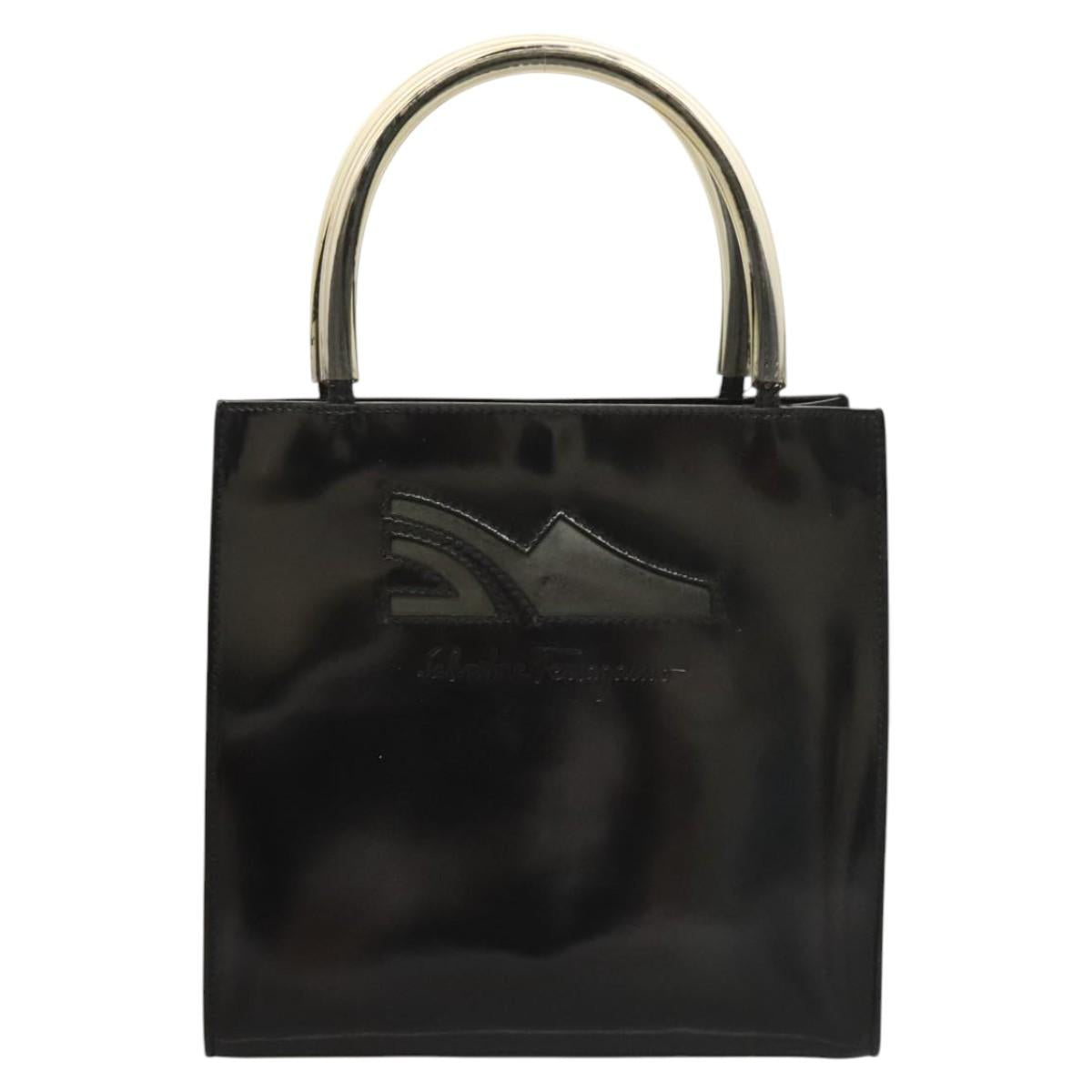 Salvatore Ferragamo Hand Bag Enamel Black Auth 119146