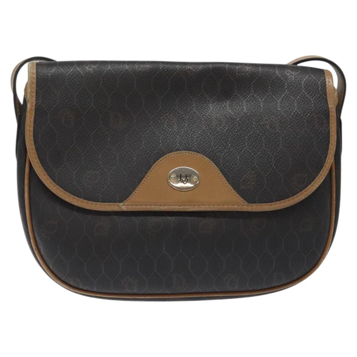 Christian Dior Honeycomb Canvas Shoulder Bag PVC Black Gold Auth 119149