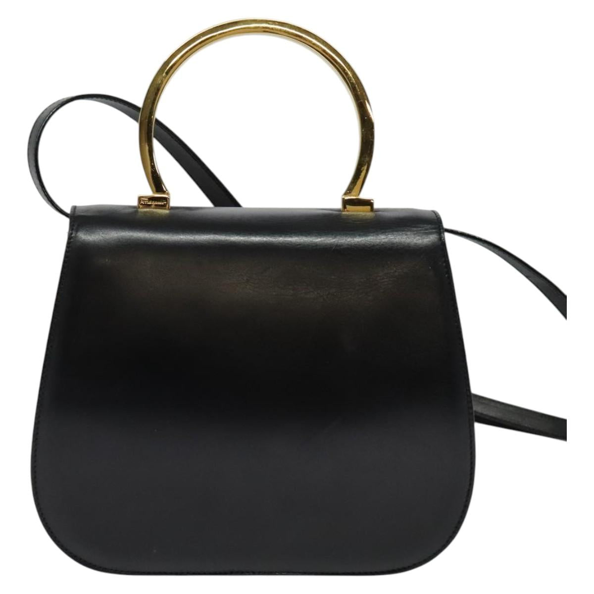 Salvatore Ferragamo Gancini Hand Bag Leather 2way Black Gold Auth 119166