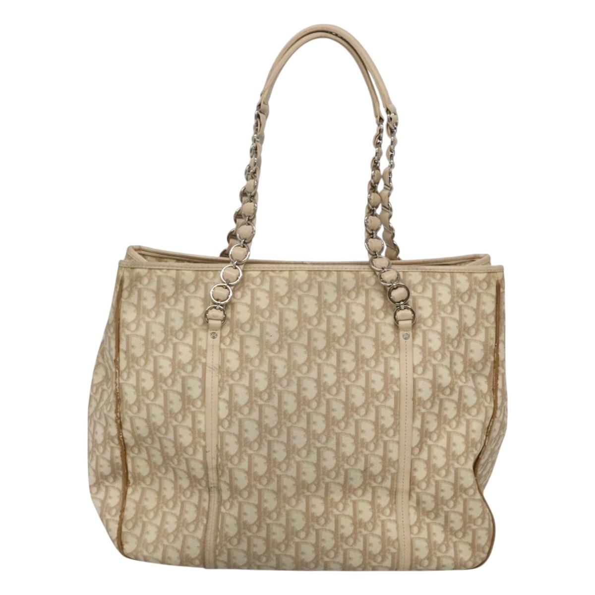 Christian Dior Romantic Chain Trotter Canvas Shoulder Bag PVC Beige Auth 119181