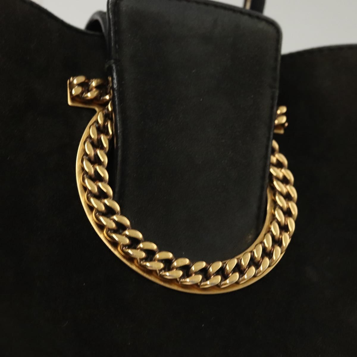 Salvatore Ferragamo Gancini Hand Bag Suede Gold Black Auth 119192