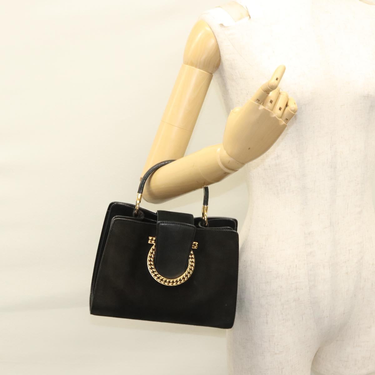 Salvatore Ferragamo Gancini Hand Bag Suede Gold Black Auth 119192