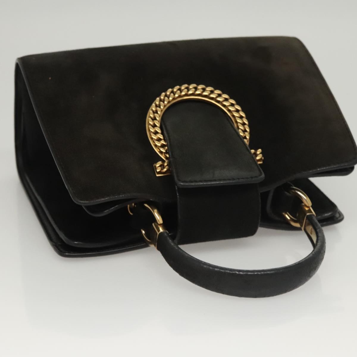 Salvatore Ferragamo Gancini Hand Bag Suede Gold Black Auth 119192